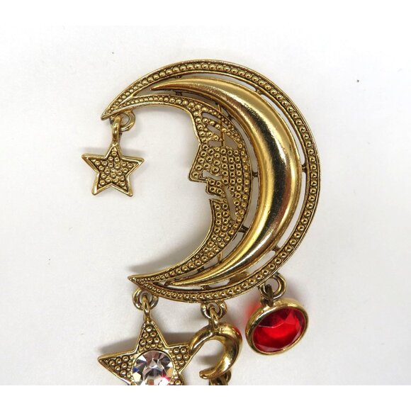 Juliana Man in the Moon Brooch Item 3737 Gold Tone Red Crystal Dangle Charms - Picture 6 of 11